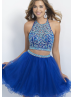 Tulle Beaded Halter Keyhole Back Two Piece Knee Length Prom Dress 